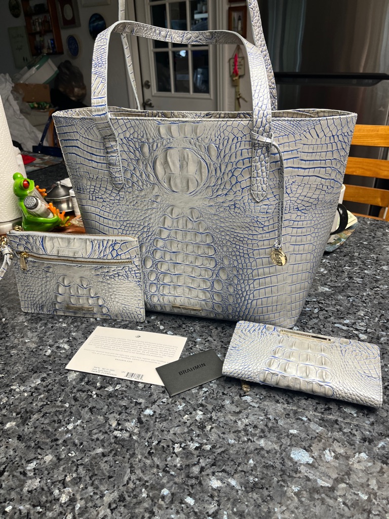 Brahmin White Croc-Embossed Tote With Blue Trim And Matching Wristlet And Wallet